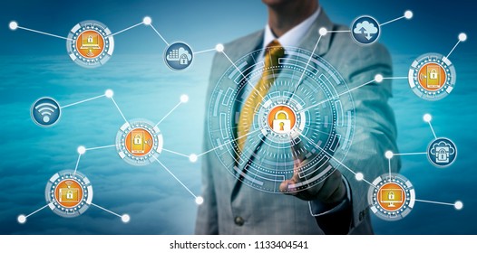 Unrecognizable Cybersecurity Specialist Consolidating Device Management Via Touch Screen. Information Technology Concept For Digital Mobility, Remote Access Control, Connectivity, Data Security.