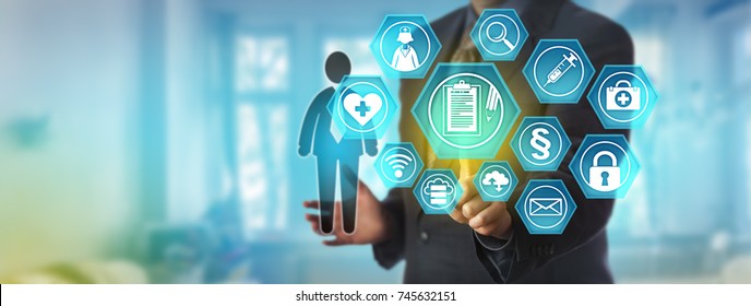 Unrecognizable data administrator accessing a patient personal health record. Information technology and healthcare concept for electronic medical reporting system, remote access to health records.