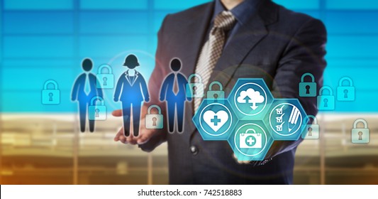 Unrecognizable Database Manager Securing Electronic Healthcare Data. Information Technology Concept For Security In Medical Records Management, Corporate Memory, Audit Trail In Health Care Sector.