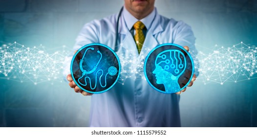 Unrecognizable diagnostician bringing together an AI app and diagnostics. Health care and technology concept for artificial intelligence in medicine and clinical systems, machine and deep learning.