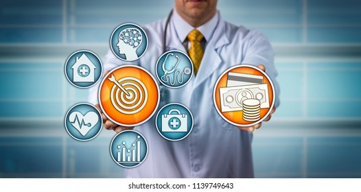 Unrecognizable diagnostician presenting a value-based health care model. Medical and healthcare concept for finding and improving hospital care quality, reimbursement, private health insurance.