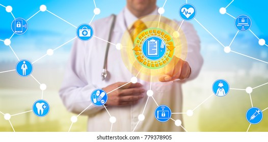 Unrecognizable Doctor Accessing Electronic Health Records In Network Of Interconnected Physical Devices. Healthcare Concept For Connectivity, Cyber Security, Inter-networking And Internet Of Things.