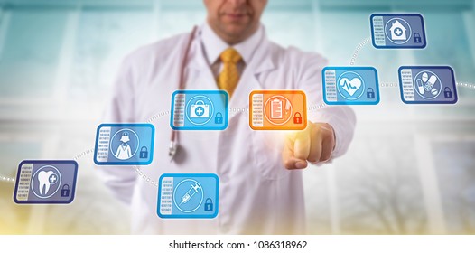 Unrecognizable Doctor Accessing Medical Records By Selecting A Data Block In A Healthcare Blockchain. Internet Technology In Health Care Concept For Database Management Via Peer-to-peer Network.