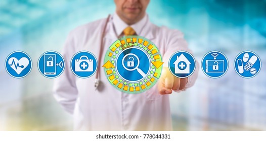 Unrecognizable Doctor Activating Health Care Data Search On Virtual Dashboard. Healthcare IT Concept For Mobile Data Access And Sharing, Virtualization Security And Electronic Medical Reporting.