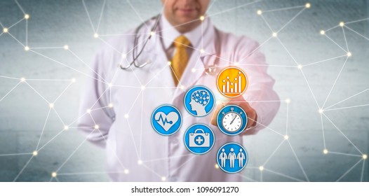 Unrecognizable Doctor Activating Predictive Analytics In Network. Healthcare IT Concept For Deep Learning, Real-time Reporting, Patient Data Analytics, Improvement Of Population Health, EHR System.