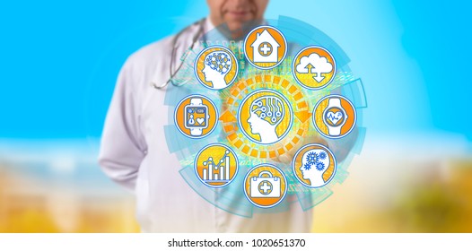 Unrecognizable Doctor Initiating AI App To Process Health Care Information. Concept For Artificial Intelligence, Big Data, Internet Of Medical Things, IoMT, Internet Of Things, IoT, Machine Learning.