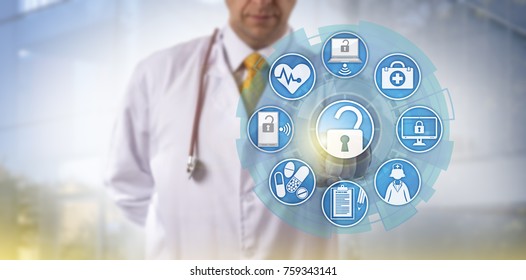 Unrecognizable Doctor Of Medicine Is Accessing Online Healthcare Data Via A Touch Screen Interface. Cyber Security And IT Concept For Health Information Exchange Or HIE Within The Medical Sector.