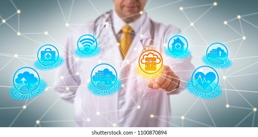 Unrecognizable Doctor Of Medicine Accessing Secure Data On Cloud Server. Healthcare Information Technology Concept For Compliance In The Cloud, Cloud-based IT Services, Cloud Security, Cybersecurity.