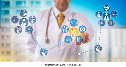 Unrecognizable Doctor Of Medicine Providing Telemedicine Services To Two Patients Via Networked Devices And AI. Healthcare Concept For Remote Clinical Care Via Connectivity And Patient Engagement.