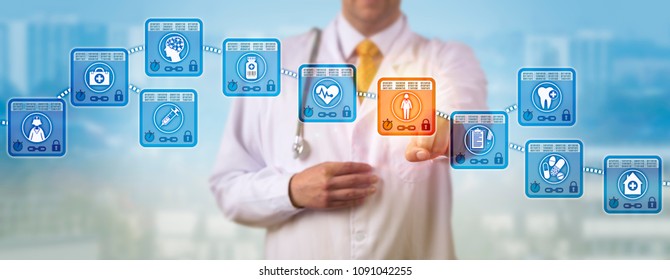 Unrecognizable Doctor Of Medicine Reviewing The Medical Record Of A Female Patient In A Healthcare Blockchain. Health Care IT And Internet Concept For Data Logs Replicated Via Peer To Peer Network.
