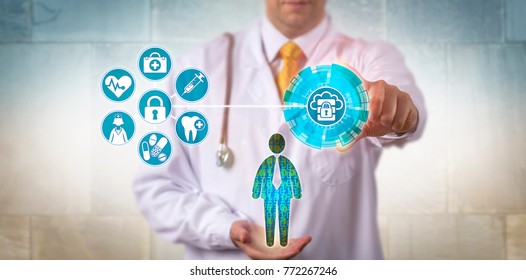 Unrecognizable Doctor Of Medicine Securing Access To Electronic Health Records Of A Male Patient. Healthcare And IT Concept For Virtualization Security, Health Information Exchange And Data Access.