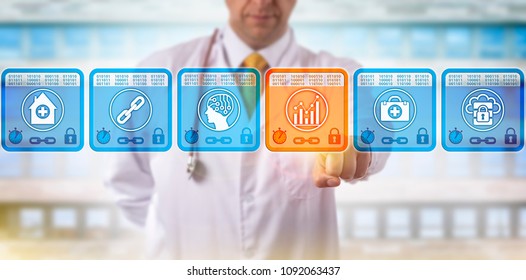 Unrecognizable Doctor Of Medicine Selecting Analytics Data Block In Medical Blockchain. Healthcare IT Concept For Health Information Exchange Via Distributed Ledger Technology, Predictive Analytics.