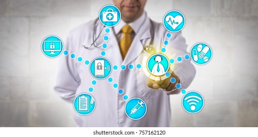 Unrecognizable Doctor Of Medicine Is Touching A Male White Collar Patient Via Internet Connection. Healthcare Technology Concept For Telemedicine, Remote Management Of Chronic Disease, Telepresence.