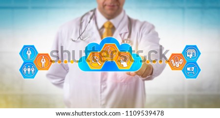 Unrecognizable doctor using cloud based software for faster analysis of genomic information to decide on drug treatment for a male patient. Concept for pharmacogenomics, pharmacogenetics, AI, health.