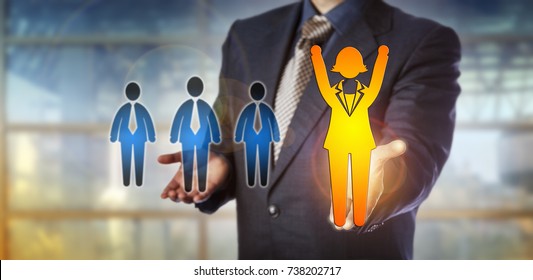 Unrecognizable Employer Championing A Winning Female Employee Over A Group Of Three Male Candidates. Human Resources Metaphor For Career Success, Gender Gap, Equal Opportunity And Talent Acquisition.