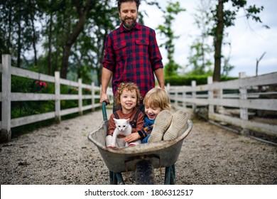 Unrecognizable father pushing small children in wheelbarrow on farm. - Powered by Shutterstock