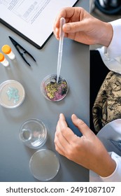 Unrecognizable female chemist hands adding drop of liquid from from pipette over petri dish with mix of colorful glitters in environment research lab. Study of microplastics composition concept.
