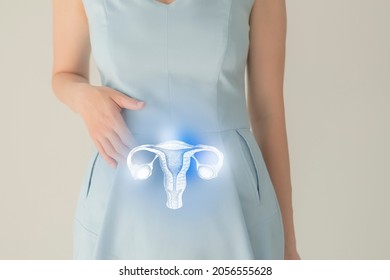 Unrecognizable female patient in blue clothes, highlighted handrawn uterus in hands. Human reproductive system issues concept. - Shutterstock ID 2056555628