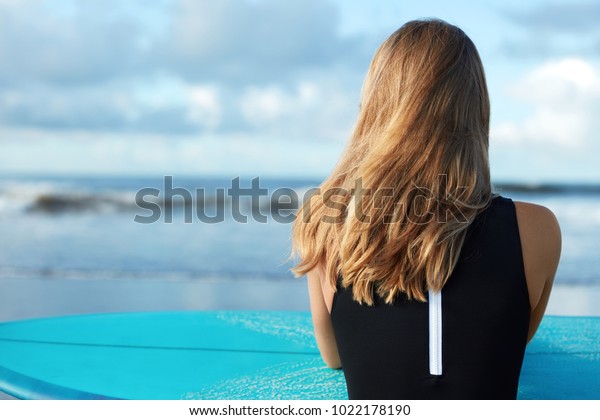 Unrecognizable Female Straight Blonde Hair Sits Stock Photo Edit