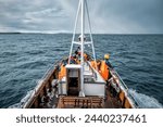 Unrecognizable fishers on the fishing boat in the sea of nordic country