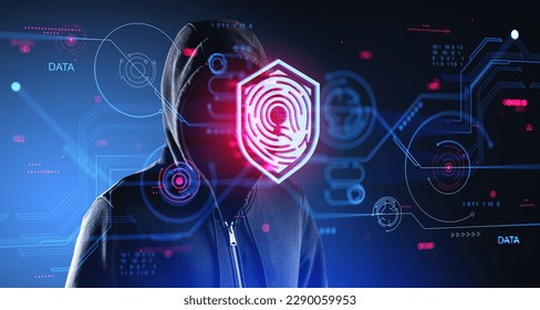 Unrecognizable hacker in black hoodie standing over dark blue background with double exposure of immersive data protection interface. Concept of cyber crime - Shutterstock ID 2290059953