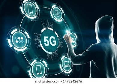 Unrecognizable hacker hand using abstract 5G interface with computing icons on dark background. Internet speed and virus concept