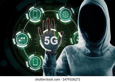 Unrecognizable hacker hand using abstract 5G interface with computing icons on dark background. Internet speed and malware concept. Double exposure 