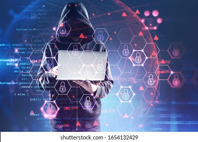 Unrecognizable hacker in hoodie with laptop committing cyber crime over blurry blue background with double exposure of cyber security interface. Toned image