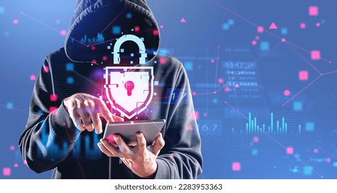 Unrecognizable hacker in hoodie using tablet computer over blue background with double exposure of immersive data protection interface. Concept of cybercrime