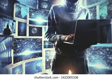 Unrecognizable hacker using laptop computer with abstract digital business picture interface. Innovation and finance concept. Double exposure