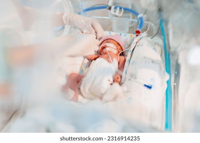 Unrecognizable hand in gloves of nurse or doctor taking care of premature baby placed in a medical incubator. Neonatal intensive care unit in hospital.