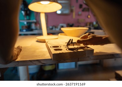 Unrecognizable handyman holding caliper working with ready templates for lamp parts production in workshop. Custom manufacturing craftwork from personal blueprints, handmade DIY, lighting equipment