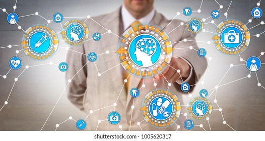 Unrecognizable Health Care IT Administrator Activating Machine Intelligence Via Internet Of Things. Tech Concept For Artificial Intelligence, Computer Science, Machine Learning, Robotics Research.