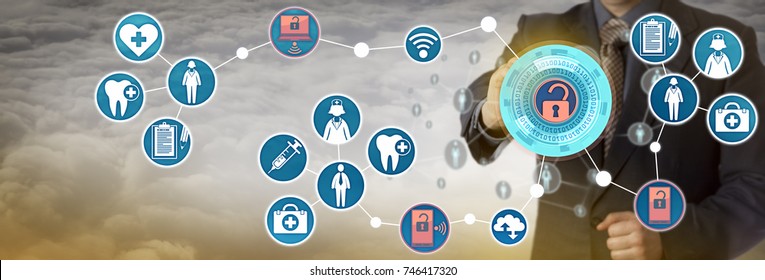 Unrecognizable Health Care Sector Administrator Accessing Patient Data Via Mobile Computer Network. Concept For Control Of Physical Devices, Network Security, Interoperability, Seamless Data System.