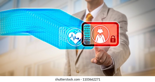 Unrecognizable Healthcare Manager Accessing The Most Recent Record Block In A Medical Blockchain. Healthcare Insurance IT Concept For Data Management Via Distributed Virtual Ledger Technology, DLT.