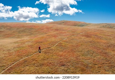 Unrecognizable Hiker On A Trail In The Dry Blueberry Meadow With White Clouds And Blue Sky - Going To The Top - Beautiful Landscape Wallpaper