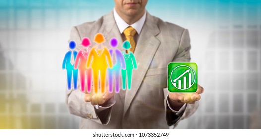 Unrecognizable HR manager is balancing a multicolored work team of five versus an upward growth trend icon. Business concept for HRM, cultural diversity, inclusion policy, teamwork and staffing.