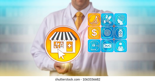 Unrecognizable Independent Pharmacist Projecting Increased Profit Of His E-pharmacy Store. Pharmaceutical Retail Concept For Rapid Growth Of Self-care Market, E-commerce Of Over-the Counter Drugs.