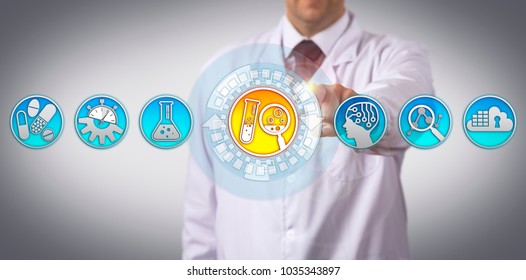 Unrecognizable Industrial Scientist Is Initiating The Drug Discovery Process Via Touch Screen Interface. Pharmaceutical Industry Concept For Research And Development Aided By Artificial Intelligence.