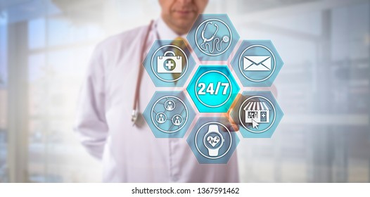 Unrecognizable internet-savvy physician touching virtual 24/7 button on remote care interface. Healthcare and technology concept for patient-centric telemedicine, all day all night health e-service.