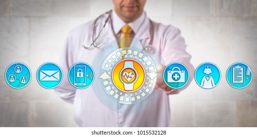 Unrecognizable Male Clinician Adding A Smart Wristwatch With An ECG App To His Communications Tools. Health Care Technology And Connectivity Concept For Wearable Tech Devices And Electrocardiography.