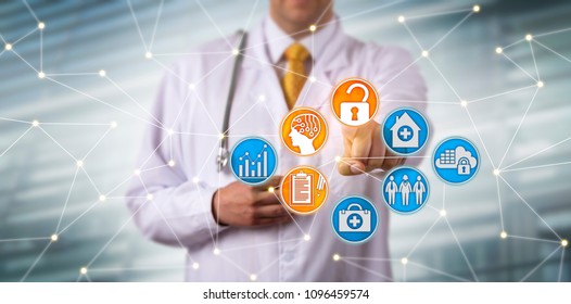 Unrecognizable Male Clinician Securely Accessing Electronic Health Records Via AI In A Network. Health Care Sector IT Concept For EHR, HIM, Health Information Management, Artificial Intelligence.