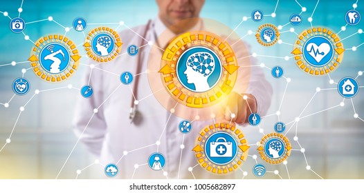 Unrecognizable Male Doctor Of Medicine Is Activating Medical Things Via The Internet. Health Care IT Concept For Artificial Intelligence, Internet Of Things, Machine Learning And Autonomous Robot.