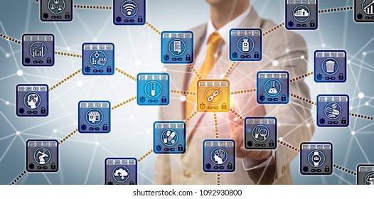 Unrecognizable Male Pharmaceutical Executive Tracking Pharma Supply Chain Via Blockchain Interface. Pharma Industry Concept For Distributed Virtual Ledger Technology Used To Trace Prescription Drugs.