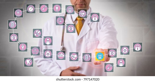 Unrecognizable Male Physician Is Highlighting A Data Block Record In A Healthcare Blockchain. Health Care IT Concept For Data Sharing, Distributed System, Replicated Database And Governance Issues.