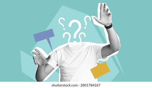 Unrecognizable Man Gesturing With Hands And Question Marks, Concept Of Confusion And Inquiry