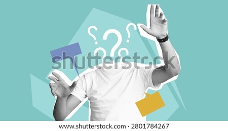 Unrecognizable Man Gesturing With Hands And Question Marks, Concept Of Confusion And Inquiry