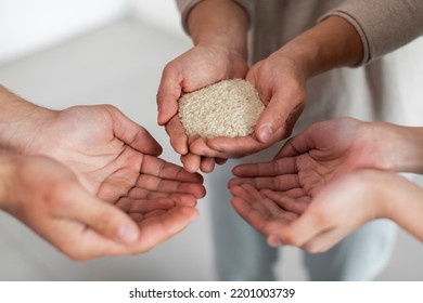 Unrecognizable Man Holding Rice In His Hands, Sharing Food With His Family, Cropped Of People Begging For Food, Cropped Shot. Hunger, Poverty, Famine, Starvation Concept