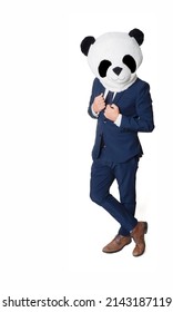 Unrecognizable Man In Panda Bear Suit And Mask. White Vertical Background With Copy Space.