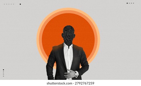 Unrecognizable Man In Suit With Circuit Pattern Instead Of Face, Abstract Business Concept